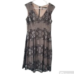Glamour by Gabriella Skye Tan Fit & Flare Dress Silver Metallic Floral Lace 8